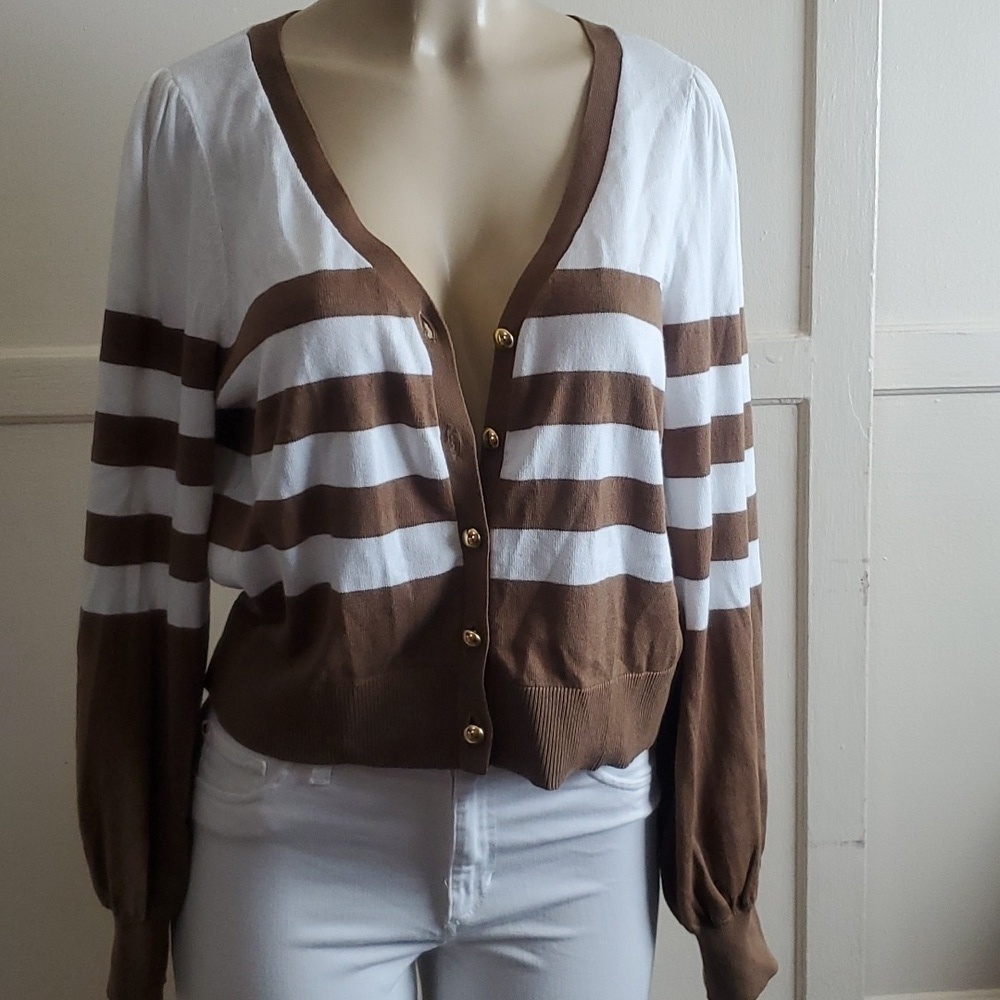 NWT Michael Kors Women's Cardigan Sweater, tan and white stripes Size L